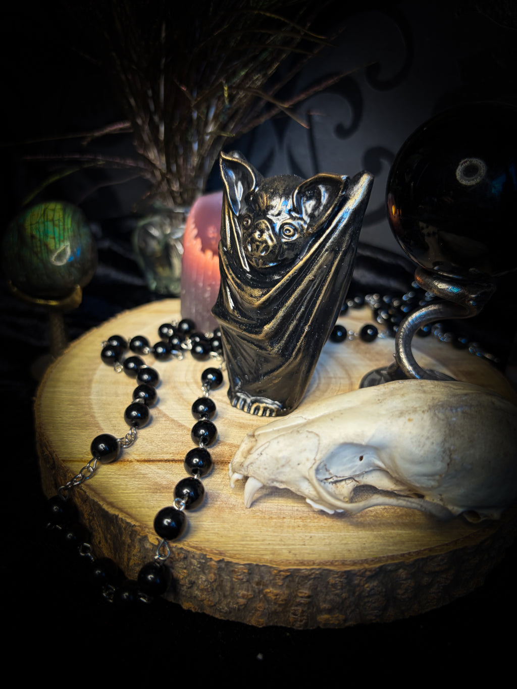 Handmade gothic bat sculpture, gold finish, hand-painted, dark nocturnal altar decor | Morbid Oddities

