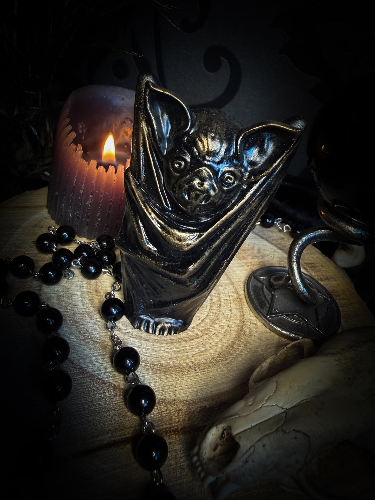 Handmade gothic bat sculpture, gold finish, hand-painted, dark nocturnal altar decor | Morbid Oddities

