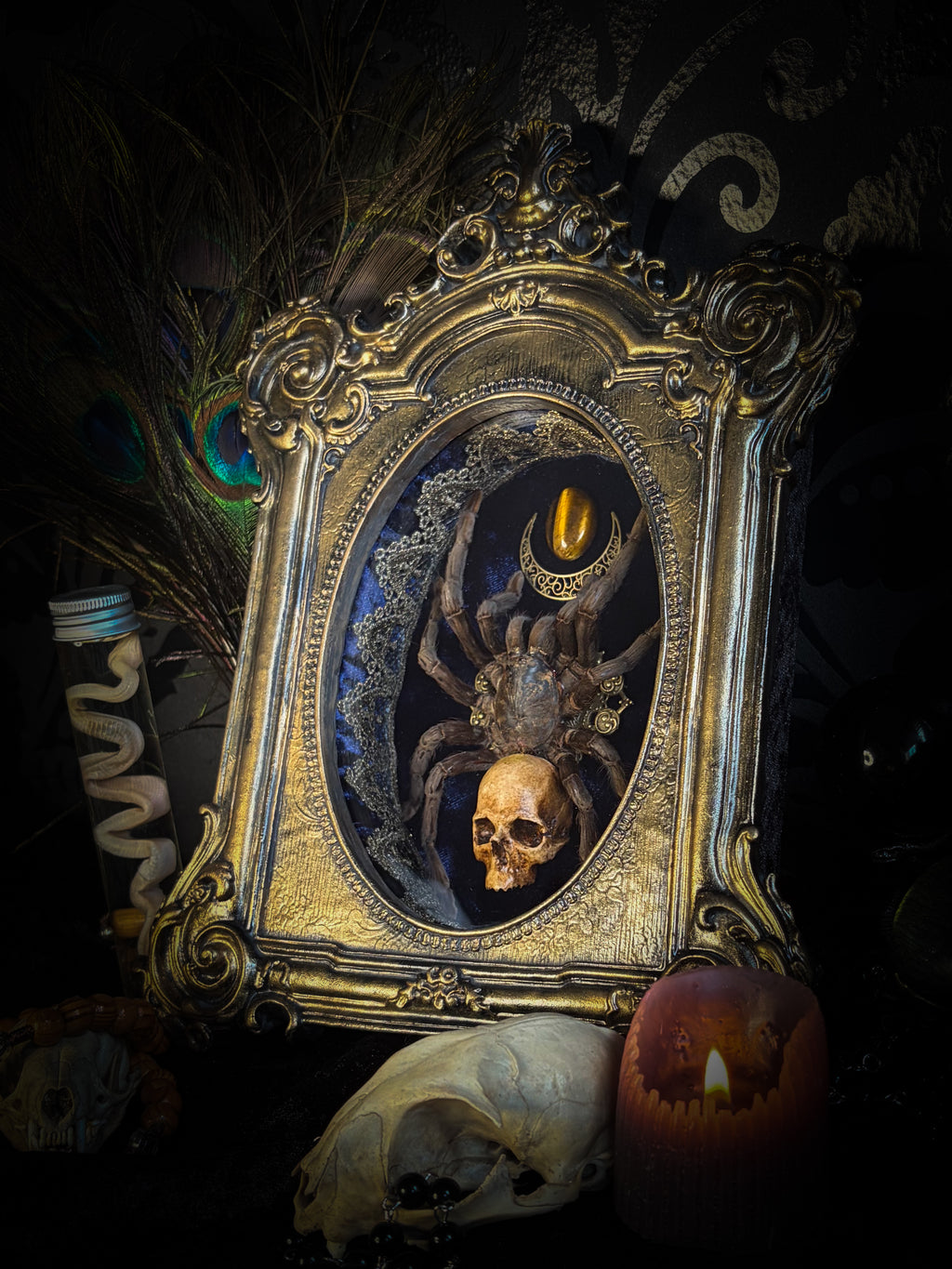 Handmade gothic shadowbox with real tarantula, hand-cast skull, crescent moon and tiger's eye, navy velvet | Morbid Oddities