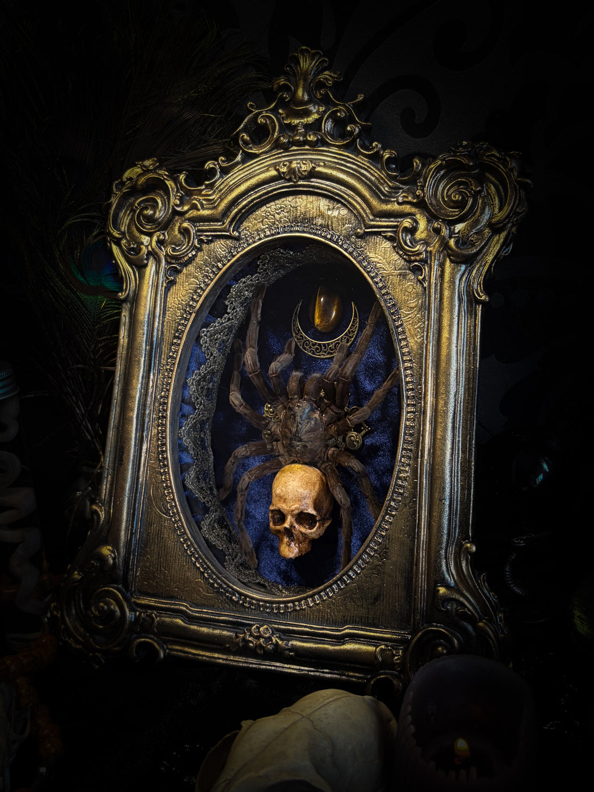 Handmade gothic shadowbox with real tarantula, hand-cast skull, crescent moon and tiger's eye, navy velvet | Morbid Oddities