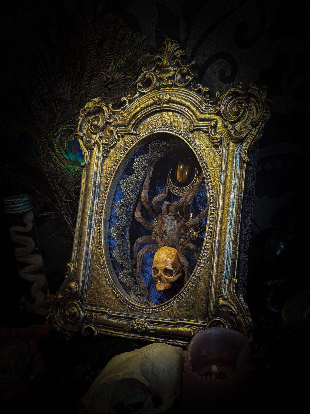 Handmade gothic shadowbox with real tarantula, hand-cast skull, crescent moon and tiger's eye, navy velvet | Morbid Oddities