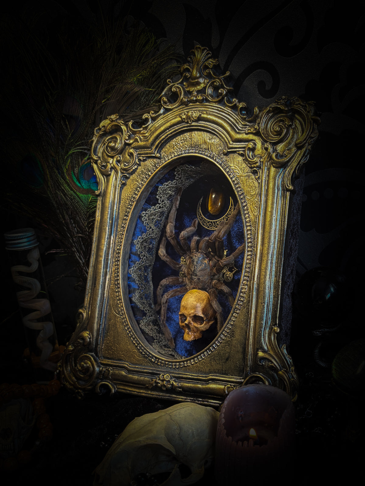 Handmade gothic shadowbox with real tarantula, hand-cast skull, crescent moon and tiger's eye, navy velvet | Morbid Oddities