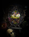 Handmade gothic shadowbox with bat skull, mouse skull and amethyst crystal vial in ornate black and gold frame | Morbid Oddities