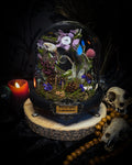 The Bumblebee's Garden | handmade whimsical glass dome with real bumblebee, mouse skeleton, moss, pine cones, mushrooms, pink violet and white dried flowers | Morbid Oddities
