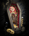 Bat Wooden Coffins — handmade gothic coffin shadowbox, made to order. Handbuilt wooden coffin frame with bat specimen, velvet background, ornate decorations and ritual details. Dark gothic wall and altar decor, made from scratch.