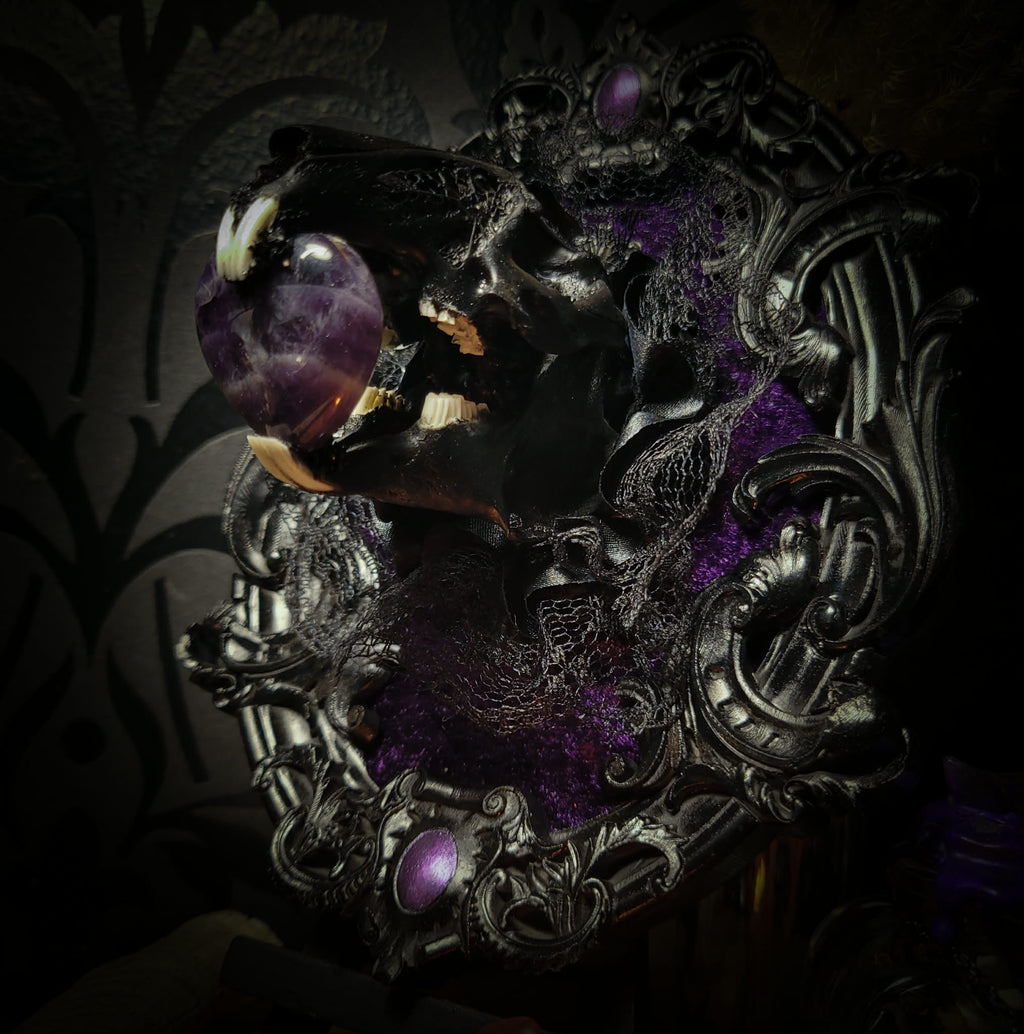Handmade gothic shadowbox — black rabbit skull with amethyst heart, crushed purple velvet, ornate baroque frame, 19x15cm