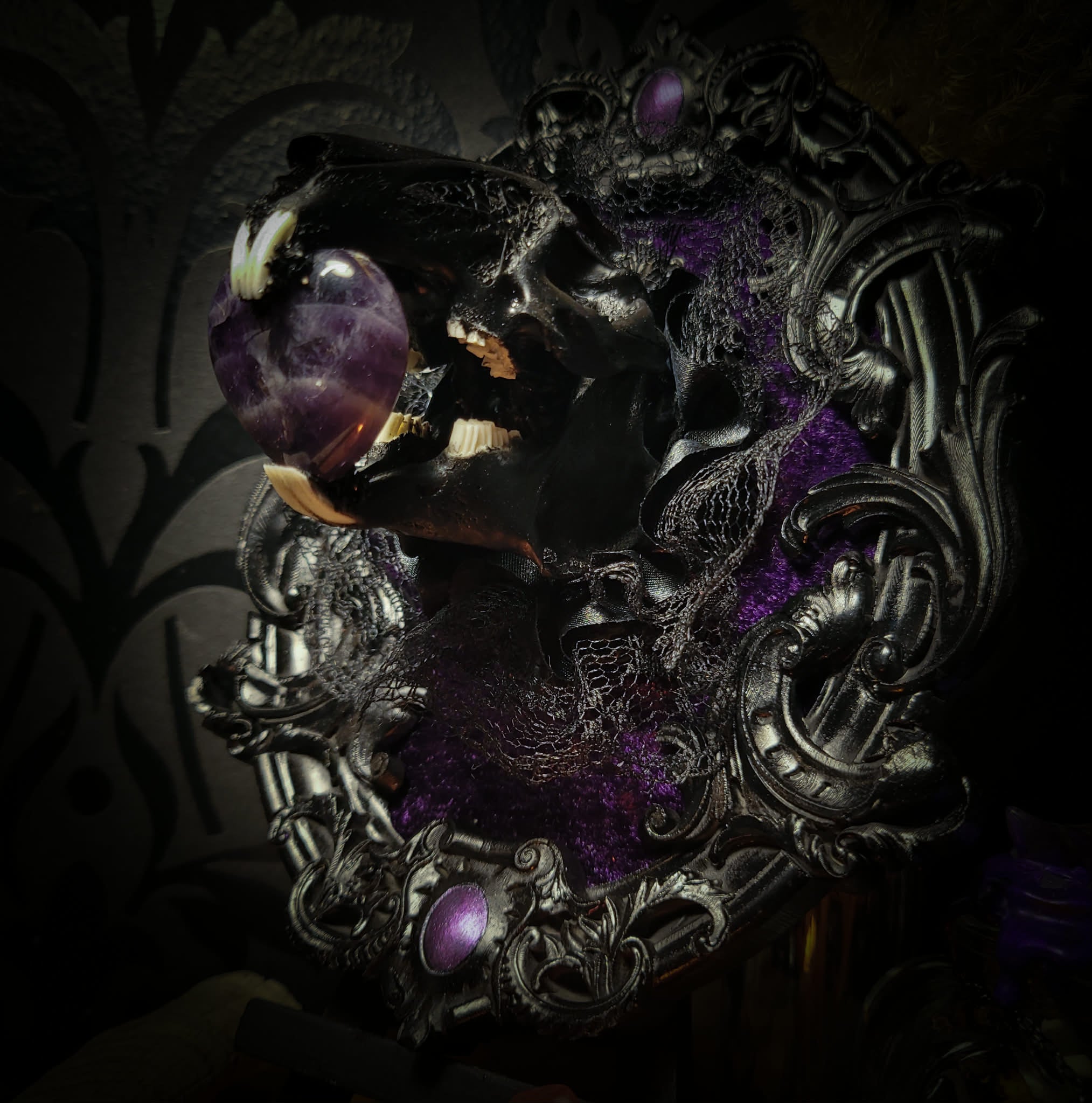 Handmade gothic shadowbox — black rabbit skull with amethyst heart, crushed purple velvet, ornate baroque frame, 19x15cm