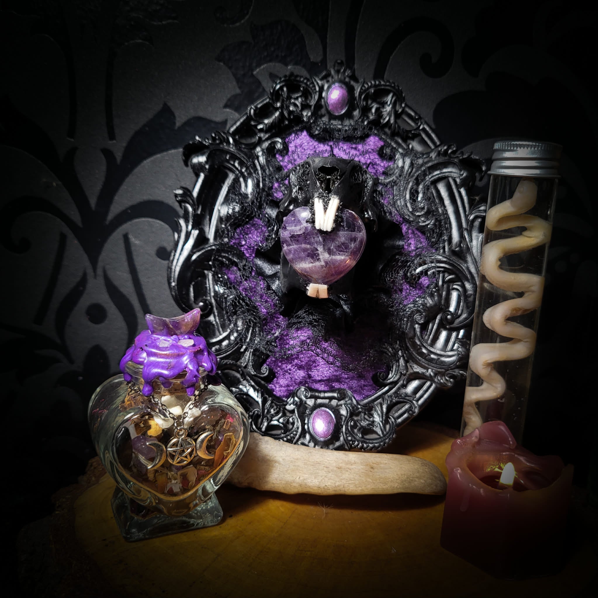 Handmade gothic shadowbox — black rabbit skull with amethyst heart, crushed purple velvet, ornate baroque frame, 19x15cm