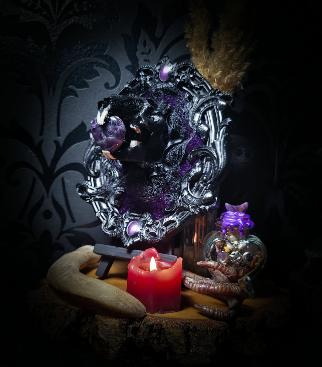 Handmade gothic shadowbox — black rabbit skull with amethyst heart, crushed purple velvet, ornate baroque frame, 19x15cm