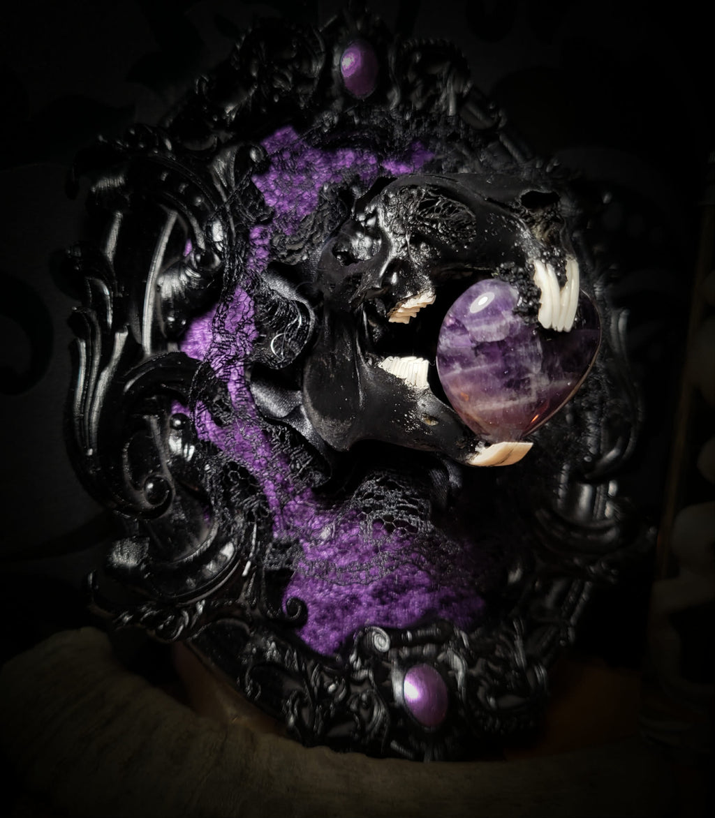 Handmade gothic shadowbox — black rabbit skull with amethyst heart, crushed purple velvet, ornate baroque frame, 19x15cm