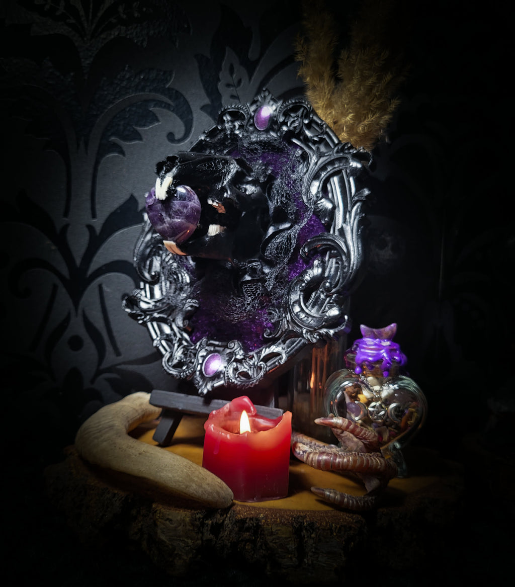 Handmade gothic shadowbox — black rabbit skull with amethyst heart, crushed purple velvet, ornate baroque frame, 19x15cm