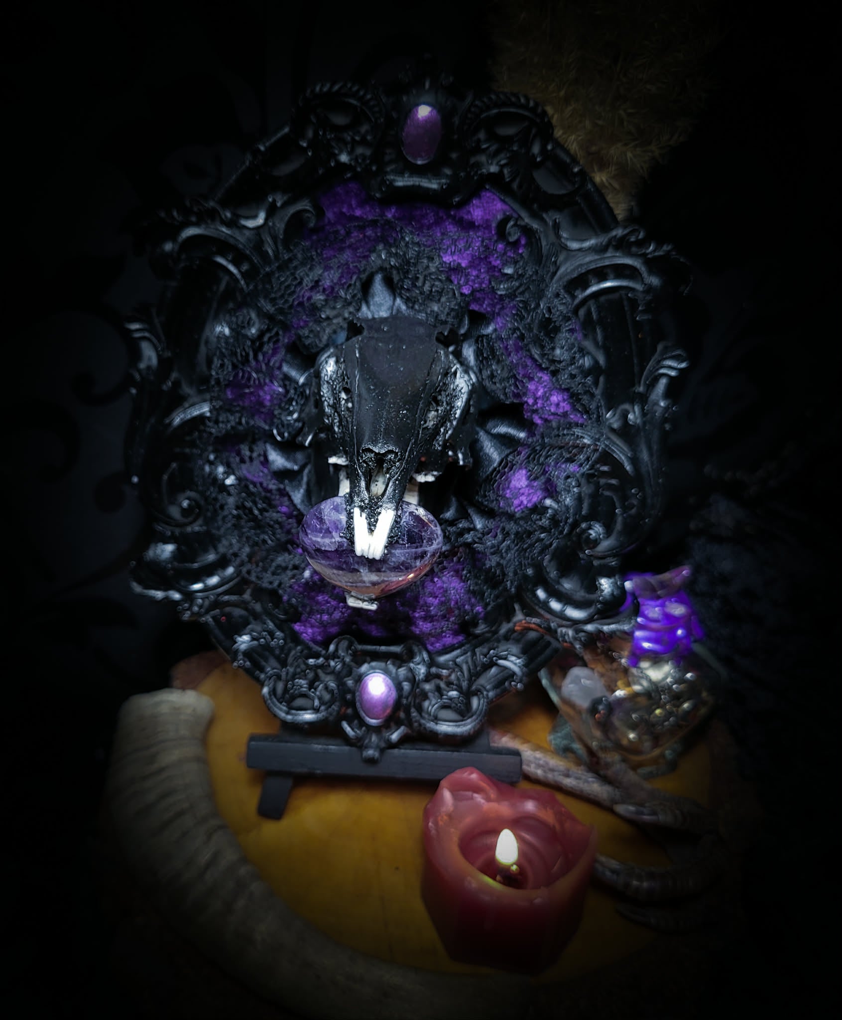Handmade gothic shadowbox — black rabbit skull with amethyst heart, crushed purple velvet, ornate baroque frame, 19x15cm