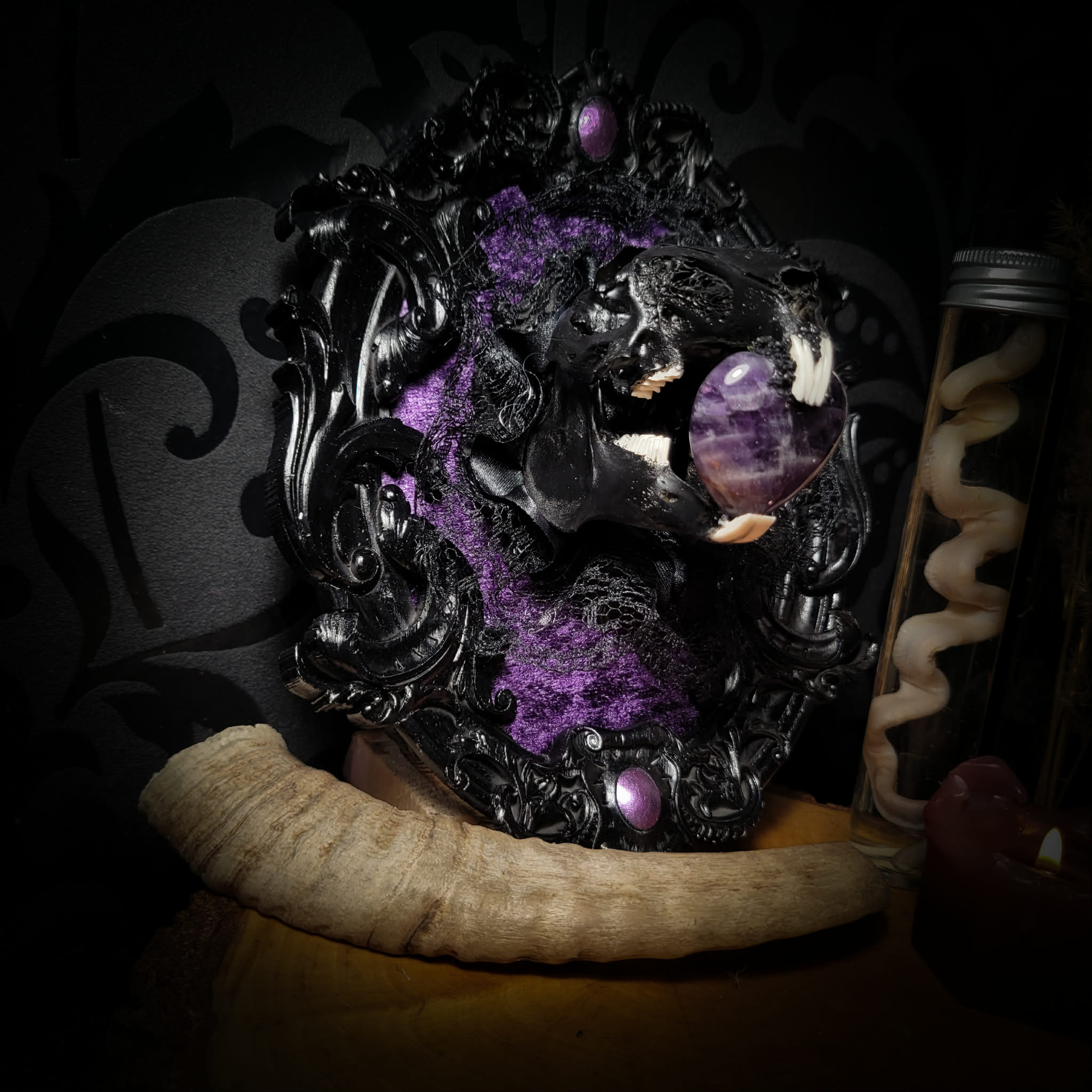 Handmade gothic shadowbox — black rabbit skull with amethyst heart, crushed purple velvet, ornate baroque frame, 19x15cm