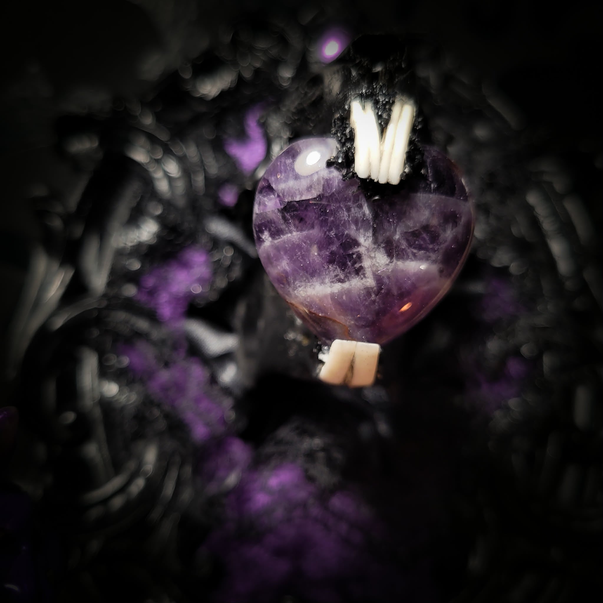 Handmade gothic shadowbox — black rabbit skull with amethyst heart, crushed purple velvet, ornate baroque frame, 19x15cm