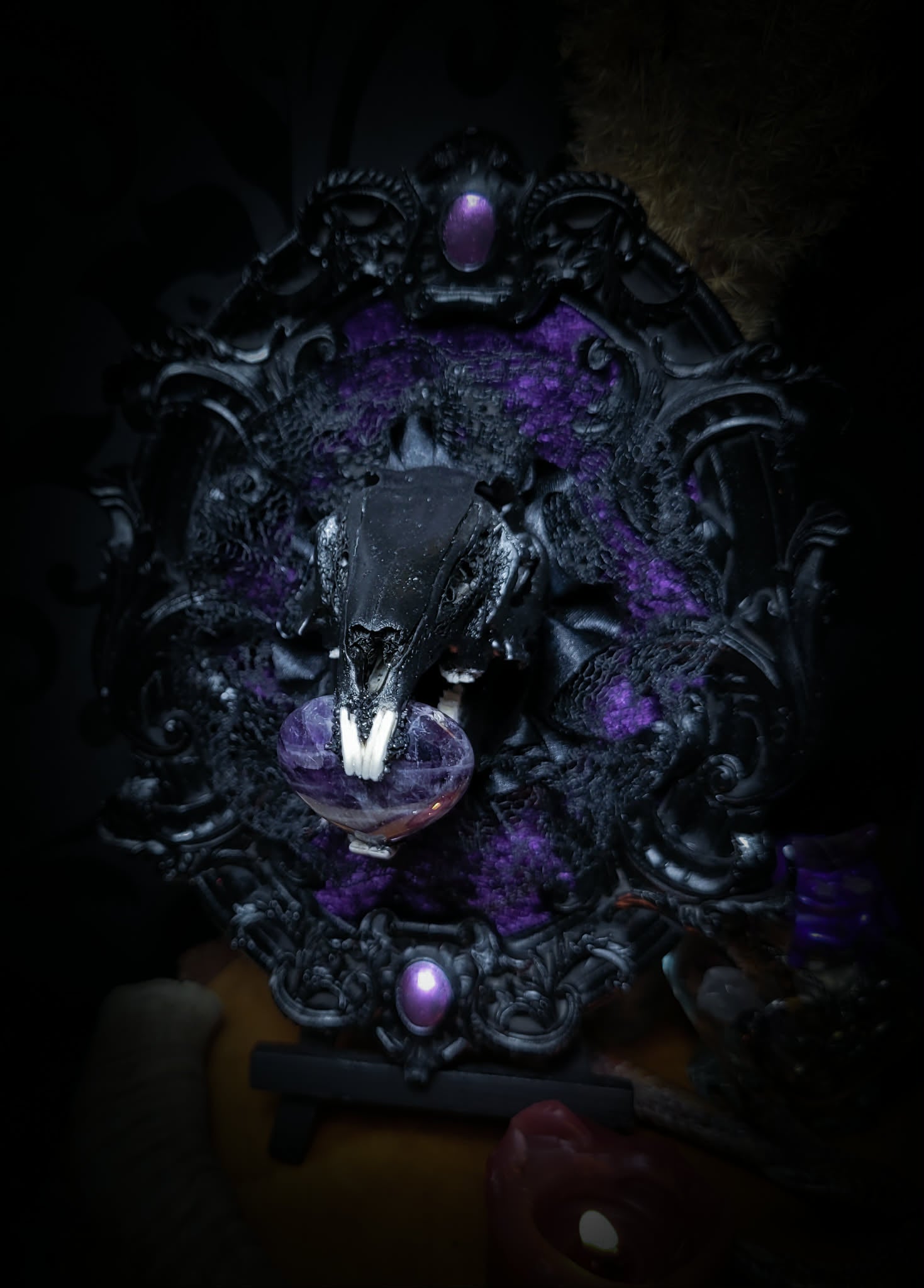 Handmade gothic shadowbox — black rabbit skull with amethyst heart, crushed purple velvet, ornate baroque frame, 19x15cm