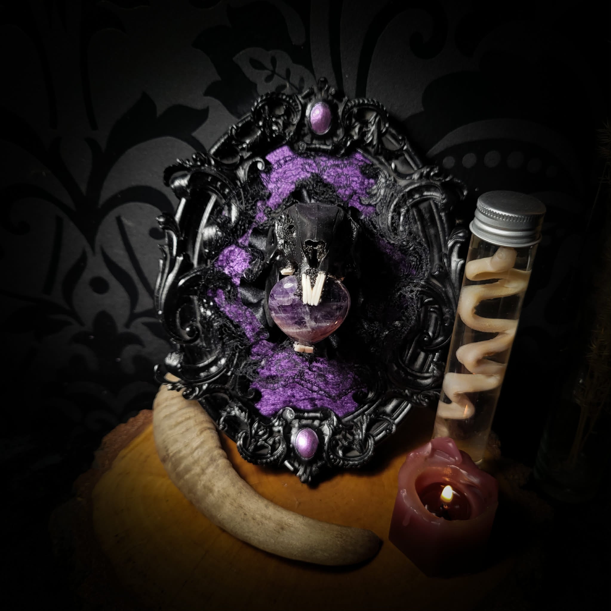 Handmade gothic shadowbox — black rabbit skull with amethyst heart, crushed purple velvet, ornate baroque frame, 19x15cm