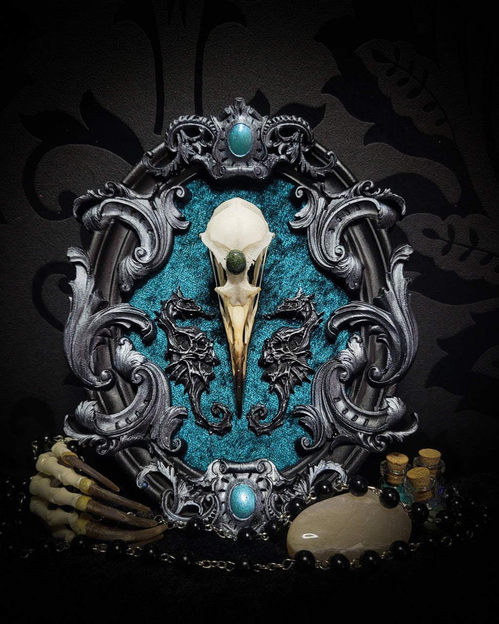 Song of the Sirens | Witches — handmade gothic wall decor with real bird skull, moss agate, sculpted seahorses with skull details on crushed blue-green velvet in hand-cast ornamental frame, 19x15cm