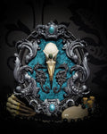 Song of the Sirens | Witches — handmade gothic wall decor with real bird skull, moss agate, sculpted seahorses with skull details on crushed blue-green velvet in hand-cast ornamental frame, 19x15cm