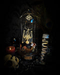 Handmade gothic occult display — bat skeleton in glass dome with Leviathan sigil, cemetery vignette with ouija board and necromancer book, 12x24cm