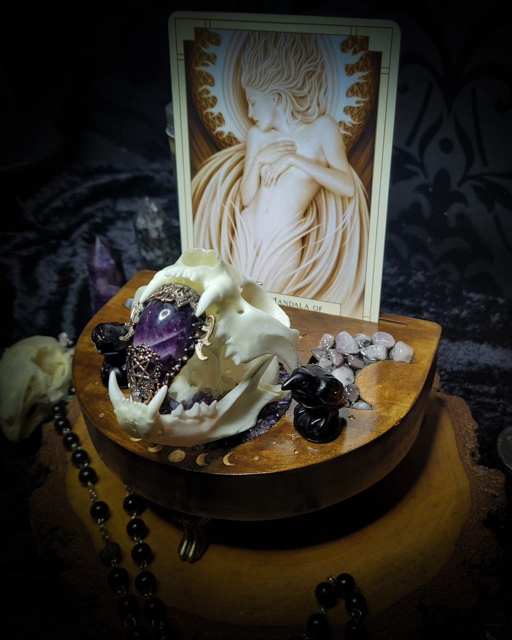 Arcanum | Witches — handmade gothic tarot card holder with real cat skull, amethyst pendulum, labradorite crow figurines and moon phase detailing on wooden base, dark witchy altar piece, 15x12x13cm
