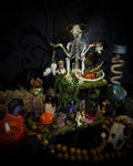 Faun of the Forest | Woodland — handmade gothic cabinet with skeletal rat, hand-carved horns, real wings, glass vials with snake skin, tarantula molt, preserved lizard, deer teeth and crystals, moss and mushrooms, 22x17cm