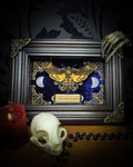 Acherontia atropos — handmade gothic frame, made to order. Death's-head hawkmoth on velvet background in fully handmade wooden frame with natural quartz crystal moons, corner ornaments and Latin species nameplate. Dark moth wall decor.