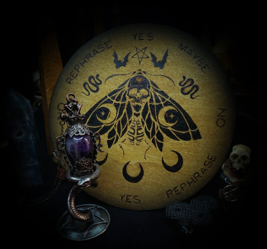 Handmade gothic pyrography pendulum board — moth sigil burned into natural wood, divination responses engraved, ritual tool, 16cm