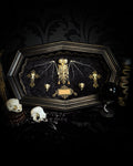 Vampiria — handmade gothic shadowbox, made to order. Two-headed bat skeleton on velvet background in wooden frame with ornate decorations, miniature bats and Latin species nameplate. Dark macabre wall decor, 28x23cm.