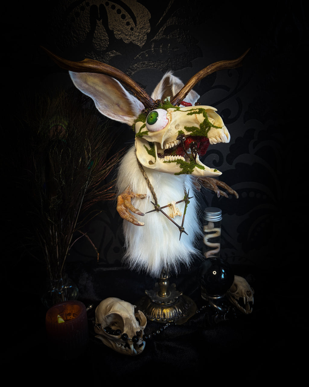 Handmade gothic art puppet — forest spirit with roebuck horns, rabbit ears, bird talons and glass eye, one-of-a-kind Silent Companion by Morbid Oddities