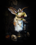 Handmade gothic art puppet — forest spirit with roebuck horns, rabbit ears, bird talons and glass eye, one-of-a-kind Silent Companion by Morbid Oddities