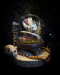 Handmade woodland shadowbox — kitten skull with pink quartz in glass dome, moss, dried flowers and crystals, fairytale gothic decor, 18x16cm