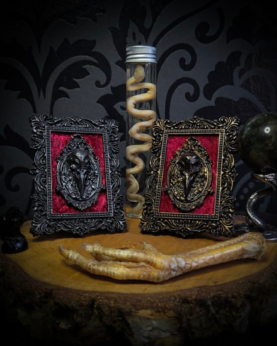Corvusum Reliquary — handmade gothic shadowbox, made to order. Detailed handcrafted raven in ornate gothic frame on velvet background. Dark macabre wall and altar decor, 10x7.5cm.