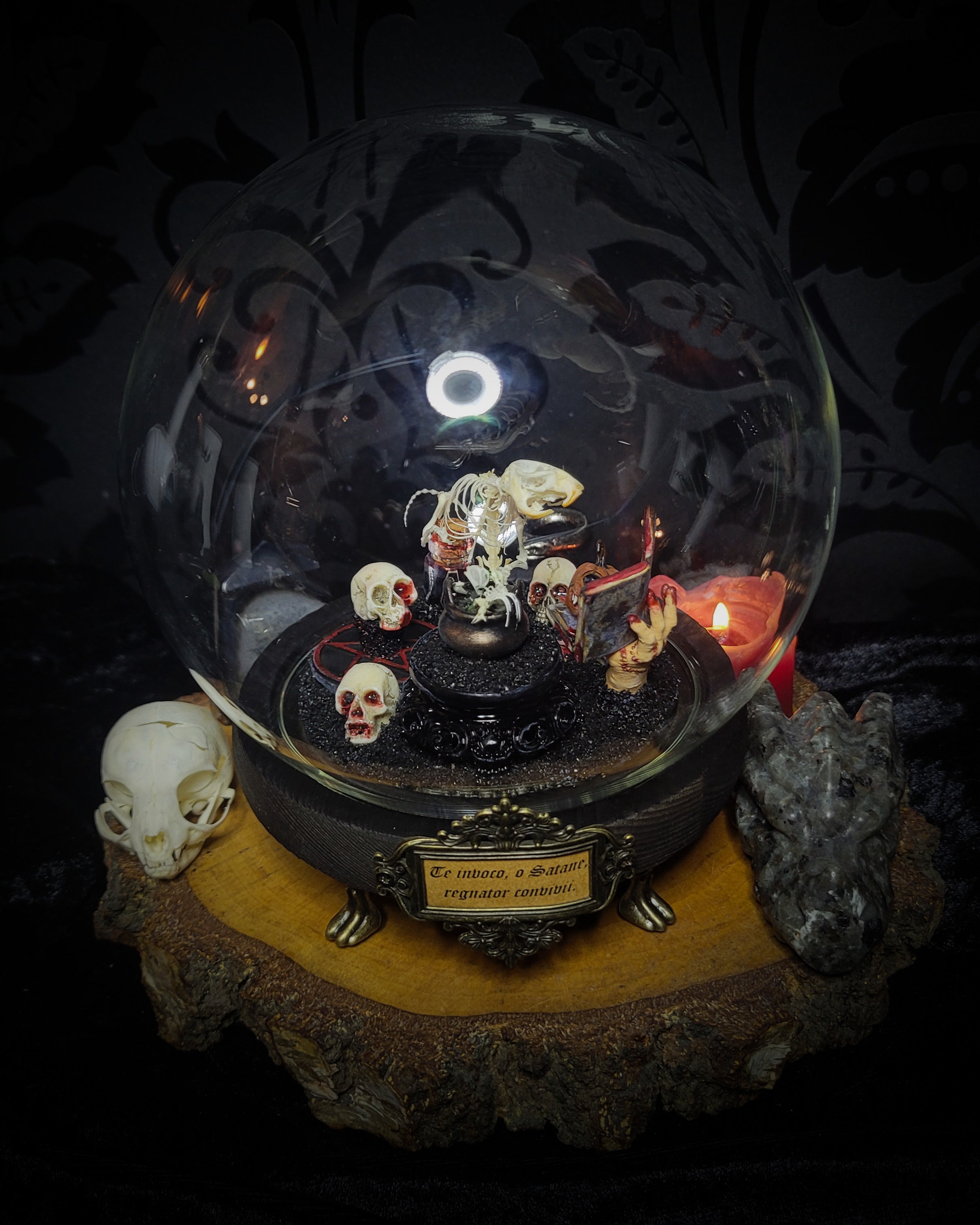 Forbidden Ritual | Occult — handmade gothic decor with real bone elements, sculpted occult priest composition, sigils and Latin inscription plaque, aged and textured finish, 15x17cm