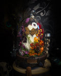 Handmade whimsical glass dome with nutria skull, Speckled Wood butterfly, summer and autumn botanicals, carved pumpkin and fluorite — Crossroads by Morbid Oddities