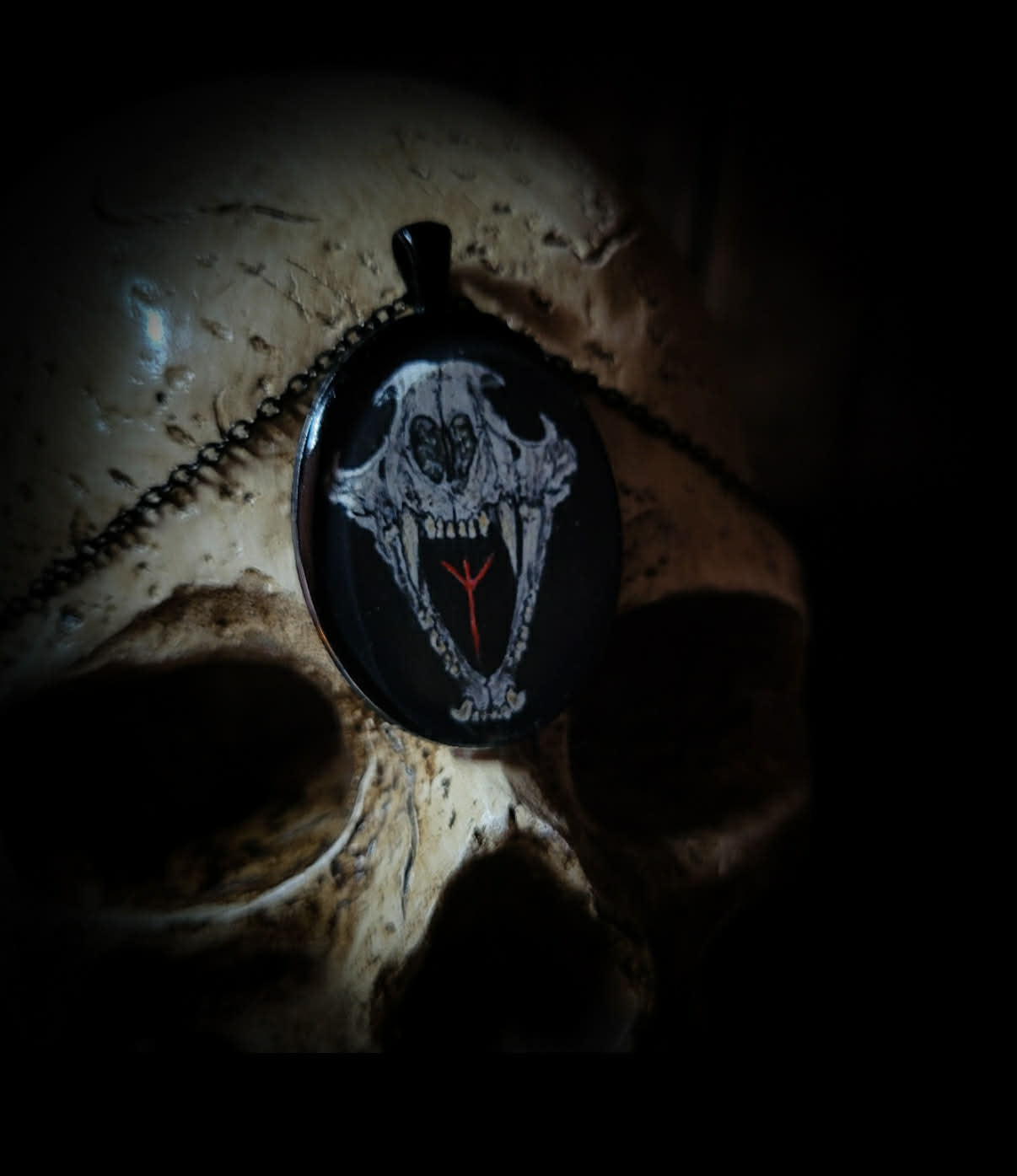 Handmade gothic necklace — hand-painted skull with Algiz rune, oval resin pendant with metal frame and chain