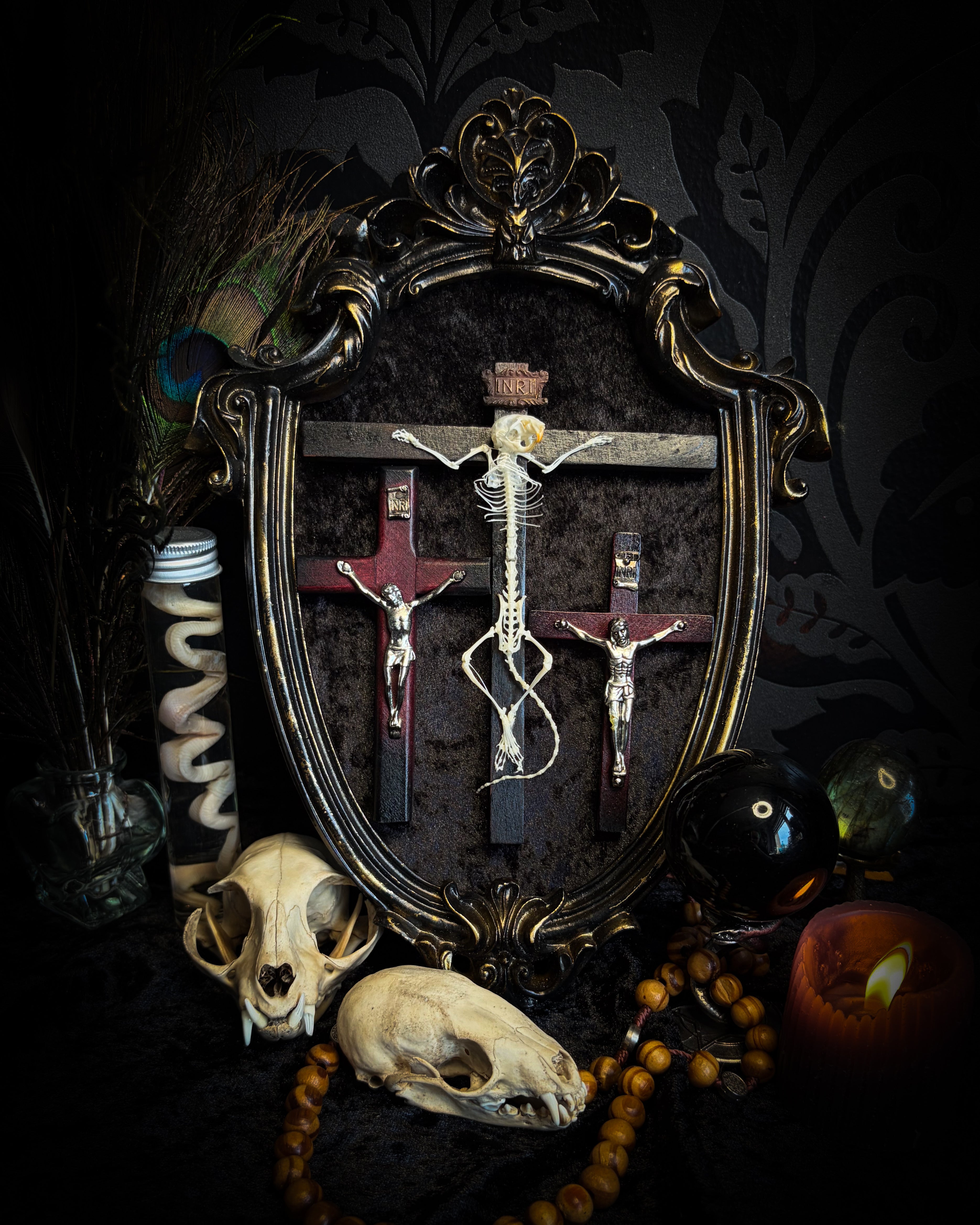 Golgotha | handmade occult relic with real mouse skeleton on three crosses with INRI inscription, cast and painted black and gold frame, black velvet backing | Morbid Oddities
