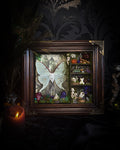 The Alchemist | handmade witchy shadowbox with Actias luna moth, green crystals, snake skin bottle, glass dome, oil lamp and curiosities, dark wood frame with brown velvet and moth corner brackets | Morbid Oddities
