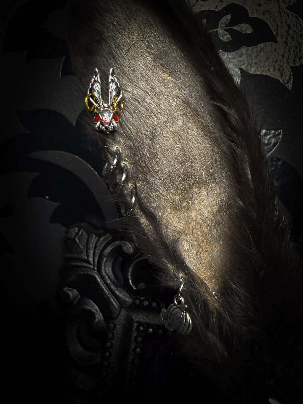 Bunny Kitten — handmade gothic shadowbox, made to order. Real cat skull with preserved bunny ears and paws, set on velvet background in ornate hand-finished frame with lace and decorative details. Dark whimsical collectible decor.