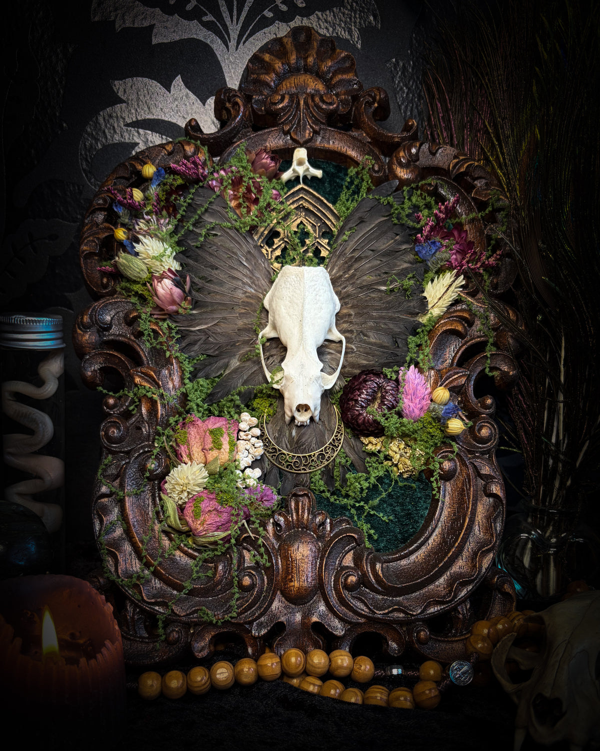 The Verdant Shrine | Whimsical — handmade gothic frame with mink skull, preserved bird wings, moss and dried flowers
