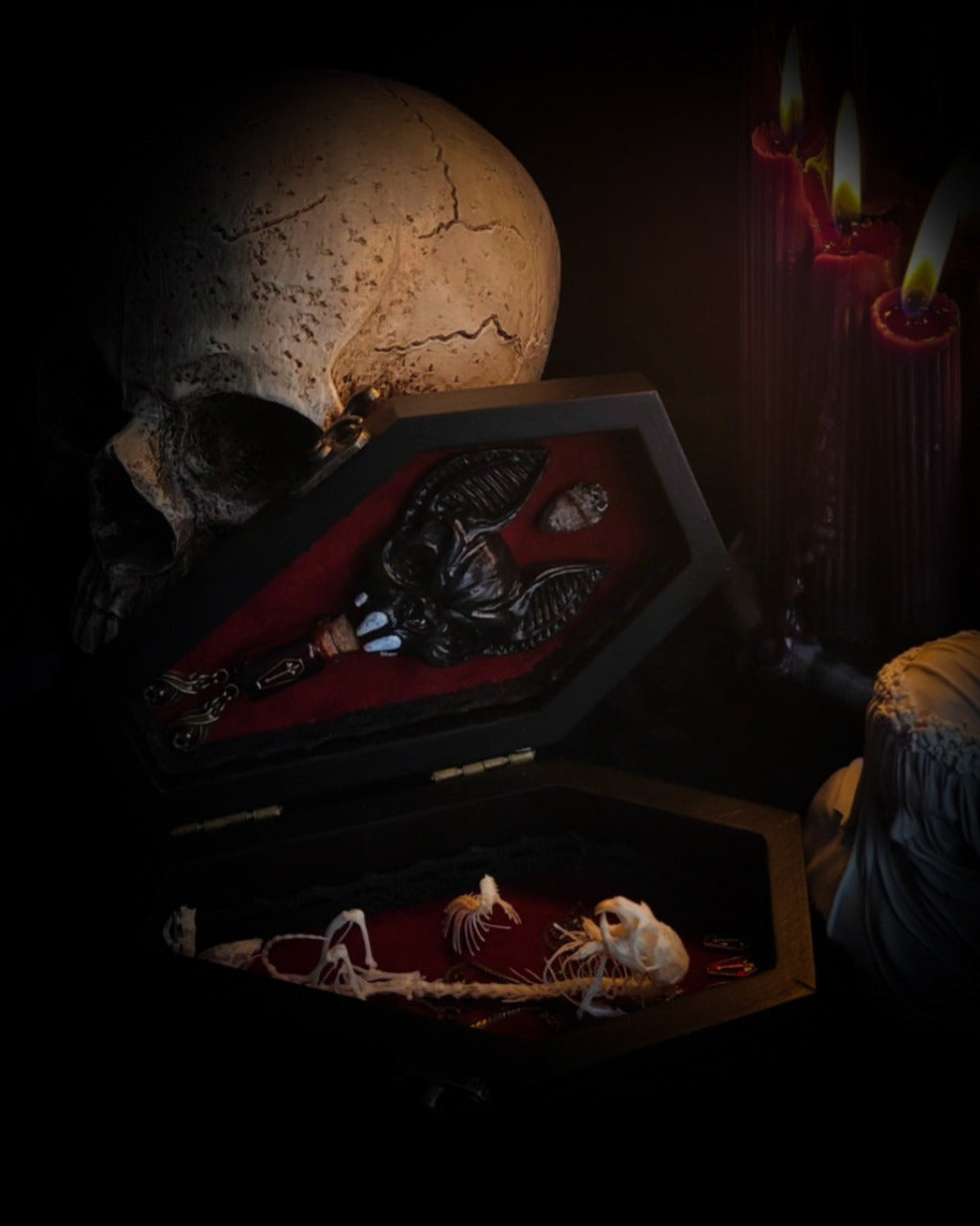 Count Mousula | Vampires — handmade gothic coffin display with preserved mouse skeleton, mummified heart, small skulls and bones on deep red velvet interior with lace ornaments, hinged lid, 15.5x9cm