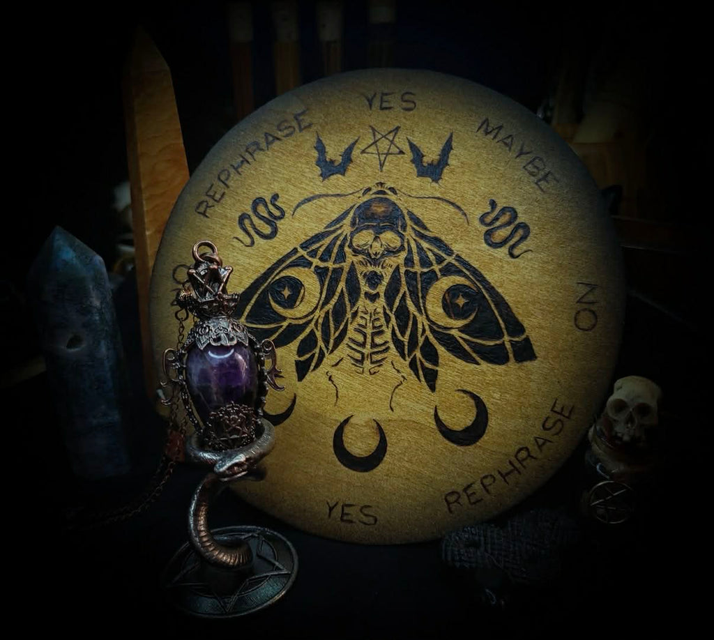 Handmade gothic pyrography pendulum board — moth sigil burned into natural wood, divination responses engraved, ritual tool, 16cm