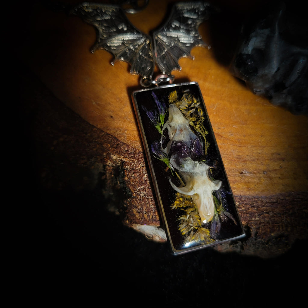 Handmade gothic necklace — real mouse skulls in resin pendant, dried flowers, bat connector, amethyst bead and pentagram charm