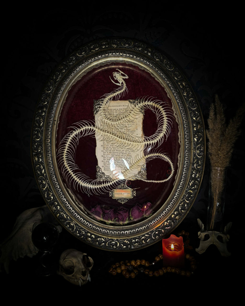 Gothic shadowbox — articulated snake skeleton on deep violet velvet, preserved florals, ghost cicadas, baroque wooden frame with gold accents, 45x35cm