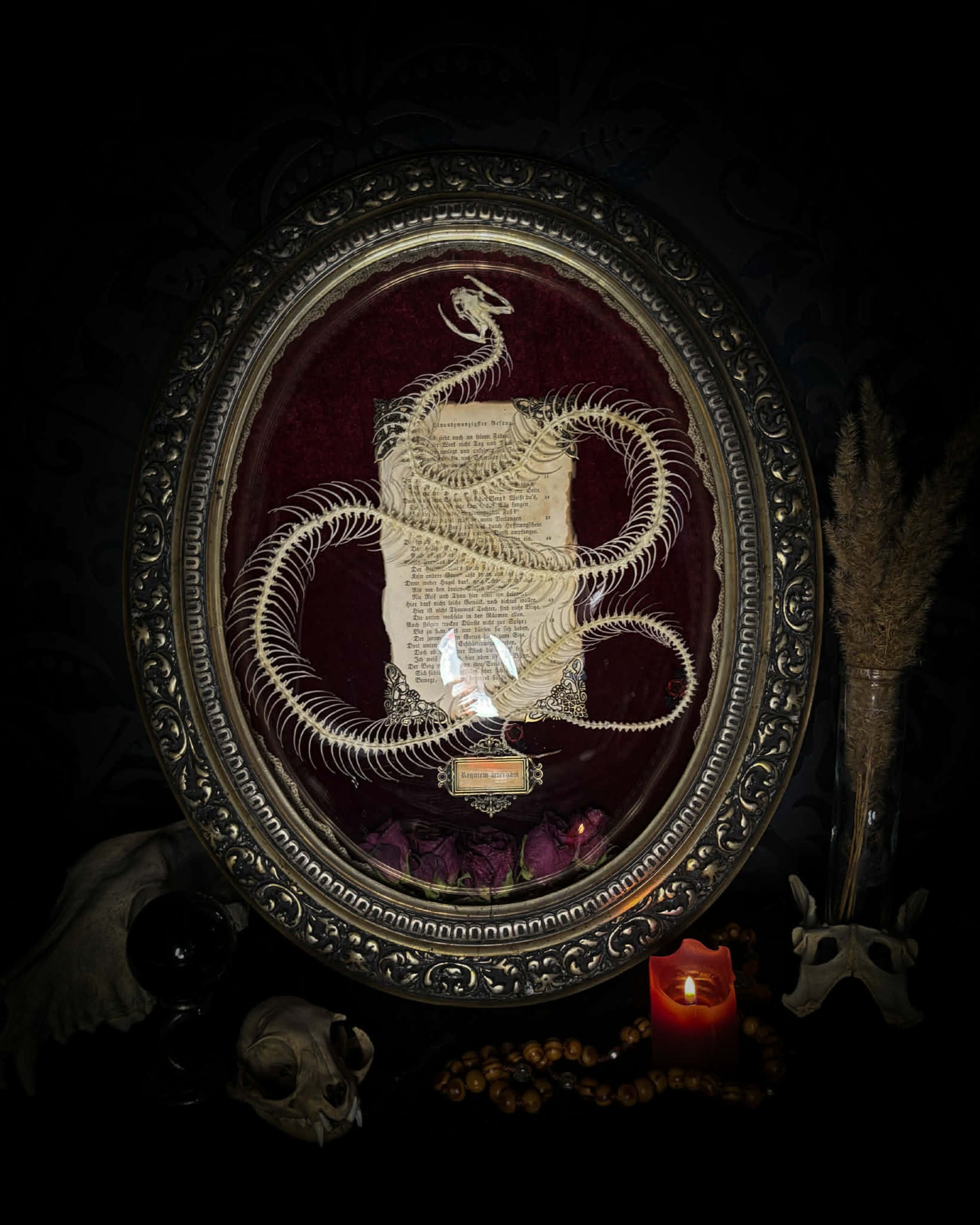 Gothic shadowbox — articulated snake skeleton on deep violet velvet, preserved florals, ghost cicadas, baroque wooden frame with gold accents, 45x35cm
