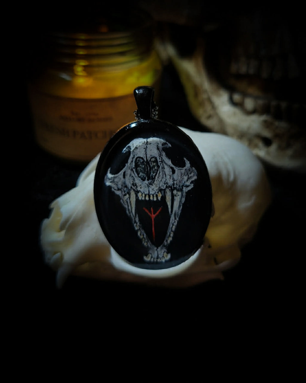 Handmade gothic necklace — hand-painted skull with Algiz rune, oval resin pendant with metal frame and chain
