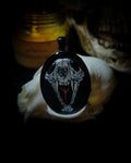 Handmade gothic necklace — hand-painted skull with Algiz rune, oval resin pendant with metal frame and chain