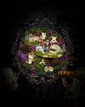 Anima Noctis | Whimsical — bat, mouse and bird skulls, deer and small mammal vertebrae, amethyst bottle, quartz crystals, mushrooms, moss and dried flowers in hand-cast metallic violet baroque frame, Morbid Oddities

