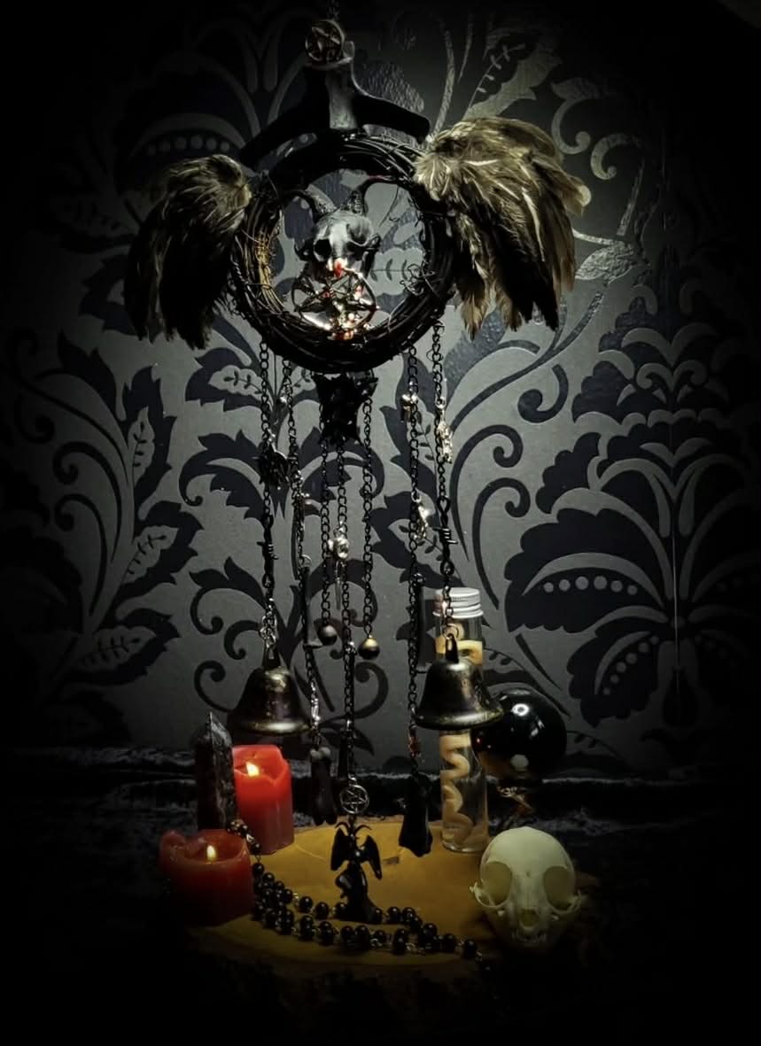 Witch Bell — handmade protective witch bells, made to order. Unique ritual charm with metal bells, bones and symbolic elements, designed for doorways, altars and ritual spaces. Handcrafted occult decor by Morbid Oddities