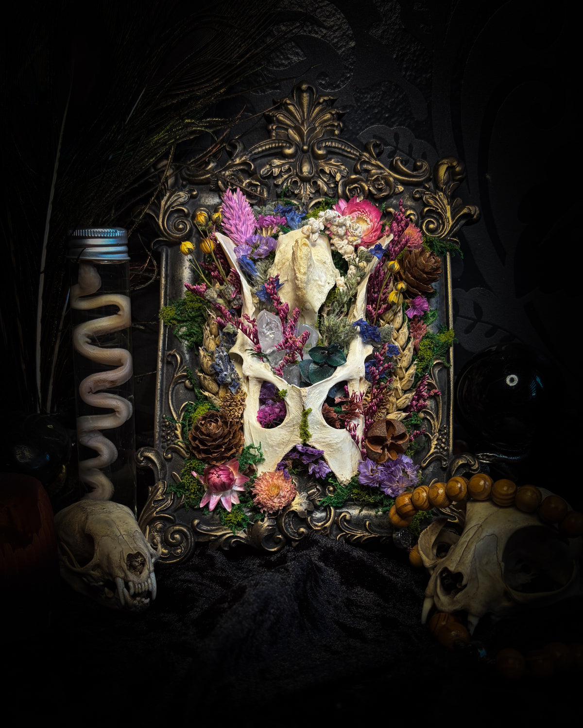 Flora Mortis | Whimsical — rabbit pelvis and guinea fowl skull fragment with dried flowers, quartz crystals, moss and pinecones in hand-cast antique gold baroque frame, Morbid Oddities

