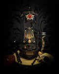 Fangtasia — handmade gothic glass dome display, ready to ship. Suspended bat skeleton under glass cloche with ornate sigil pendant, red glass eye and Latin inscription plaque, aged finish. One-of-a-kind occult decor, 12x24cm.